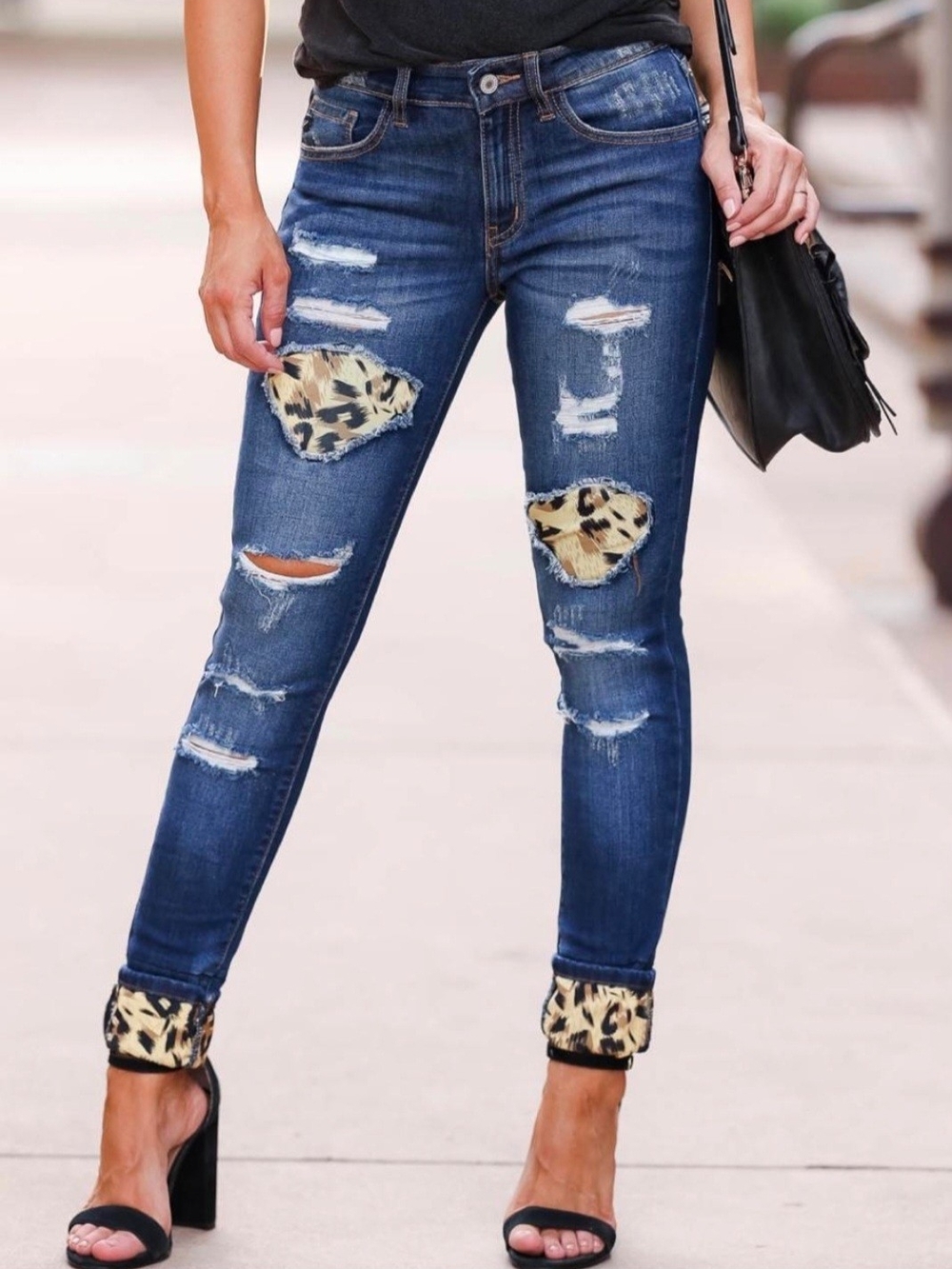 KanCan Blue Distressed Skinny Jeans with Leopard Patches Size 13/30